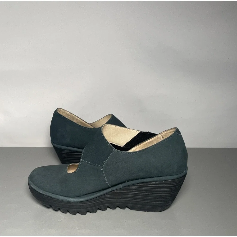 Fly London Yasi YASI682FLY Teal Mousse Leather Wedge Shoes EU40 US9